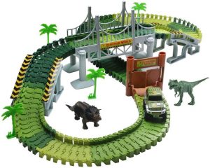 Race Car Track Dinosaur Train Track Toy Set with 142 Pieces Flexible Tracks Set 2 Dinosaurs and Military Vehicles 4 Trees 2 Slopes 1 Double-Door 1 Hanging...