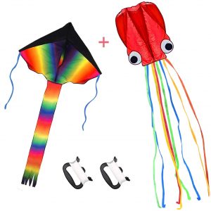 Large Rainbow Delta Kite and Red Mollusc Octopus with Long Colorful Tail for Children Outdoor