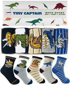 Boys Dinosaur Socks - Ages 4-6 and 7-10 Year Old Crew Socks Age 4 Kids Gift Set, Soft, Comfy and Stylish - Tiny Captain