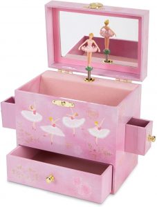 Jewelkeeper Ballerina Musical Jewelry Box with 3 Drawers, Pink Rose Design, Swan Lake Tune